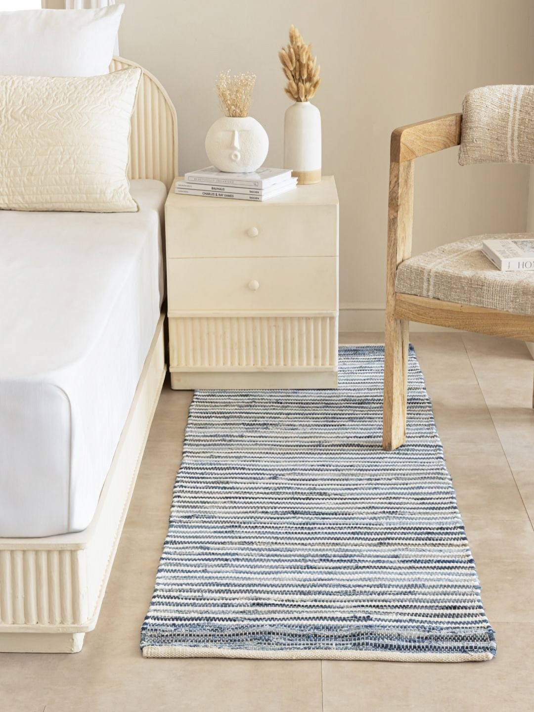 THEGASBH Taupe Blue & White Striped Cotton Carpet
