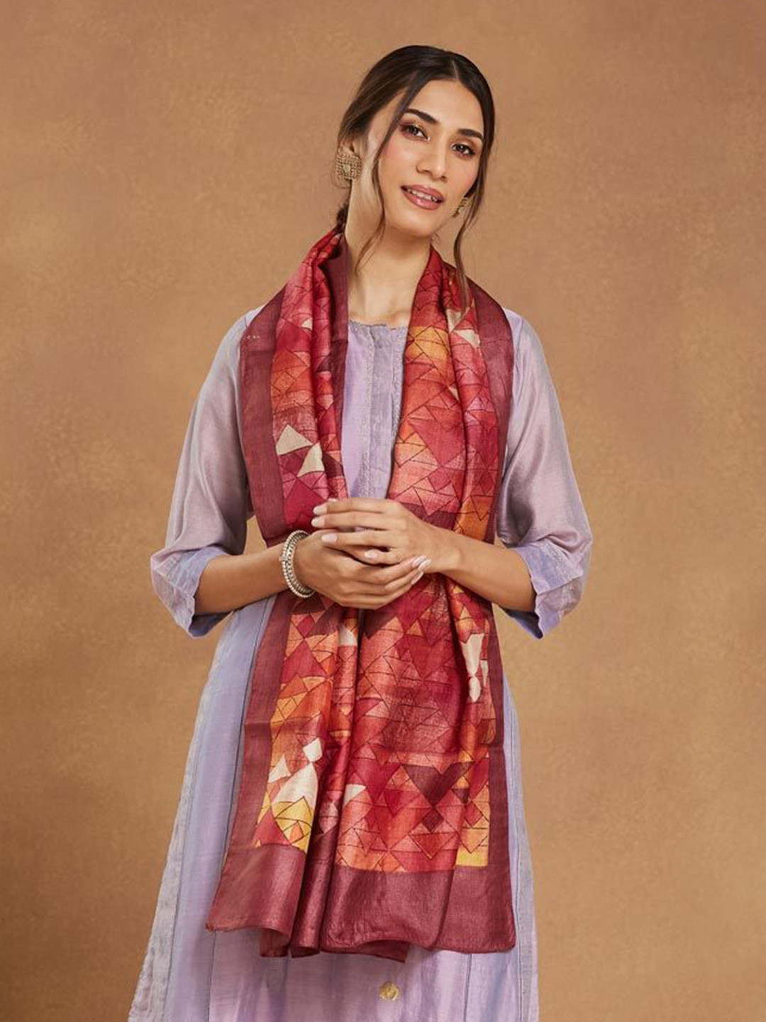 Fabindia Women Silk Hand Block Printed Stole with Taping Border