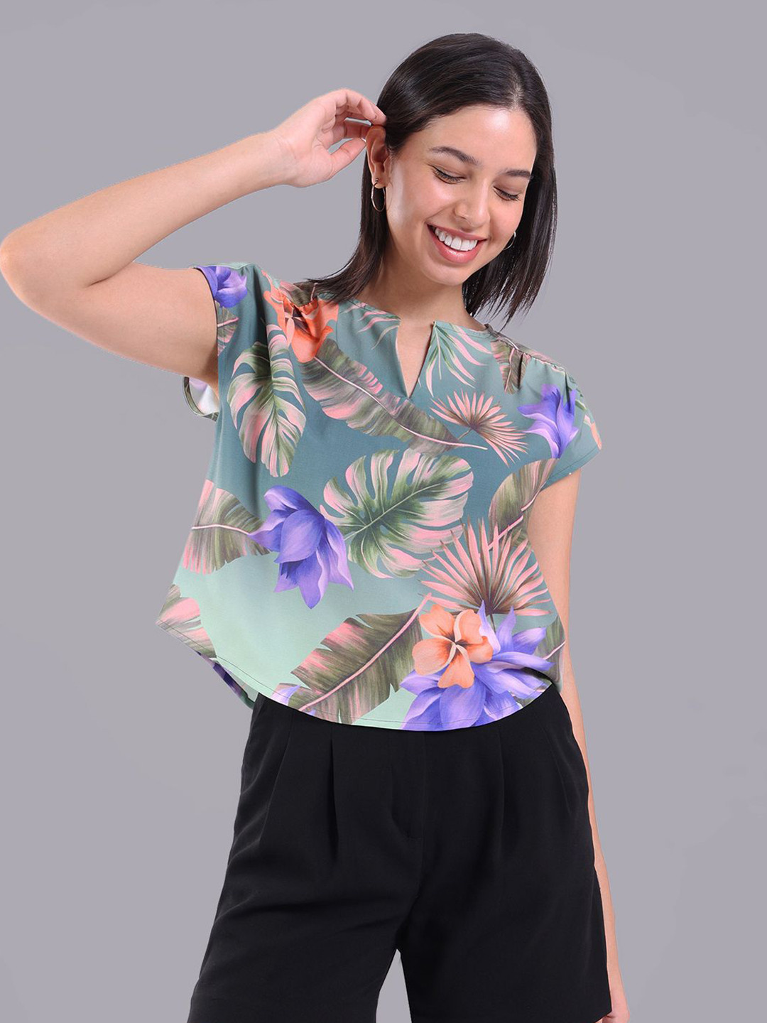 R.Code by The Roadster Life Co. Women Floral Printed Cap Sleeves Top