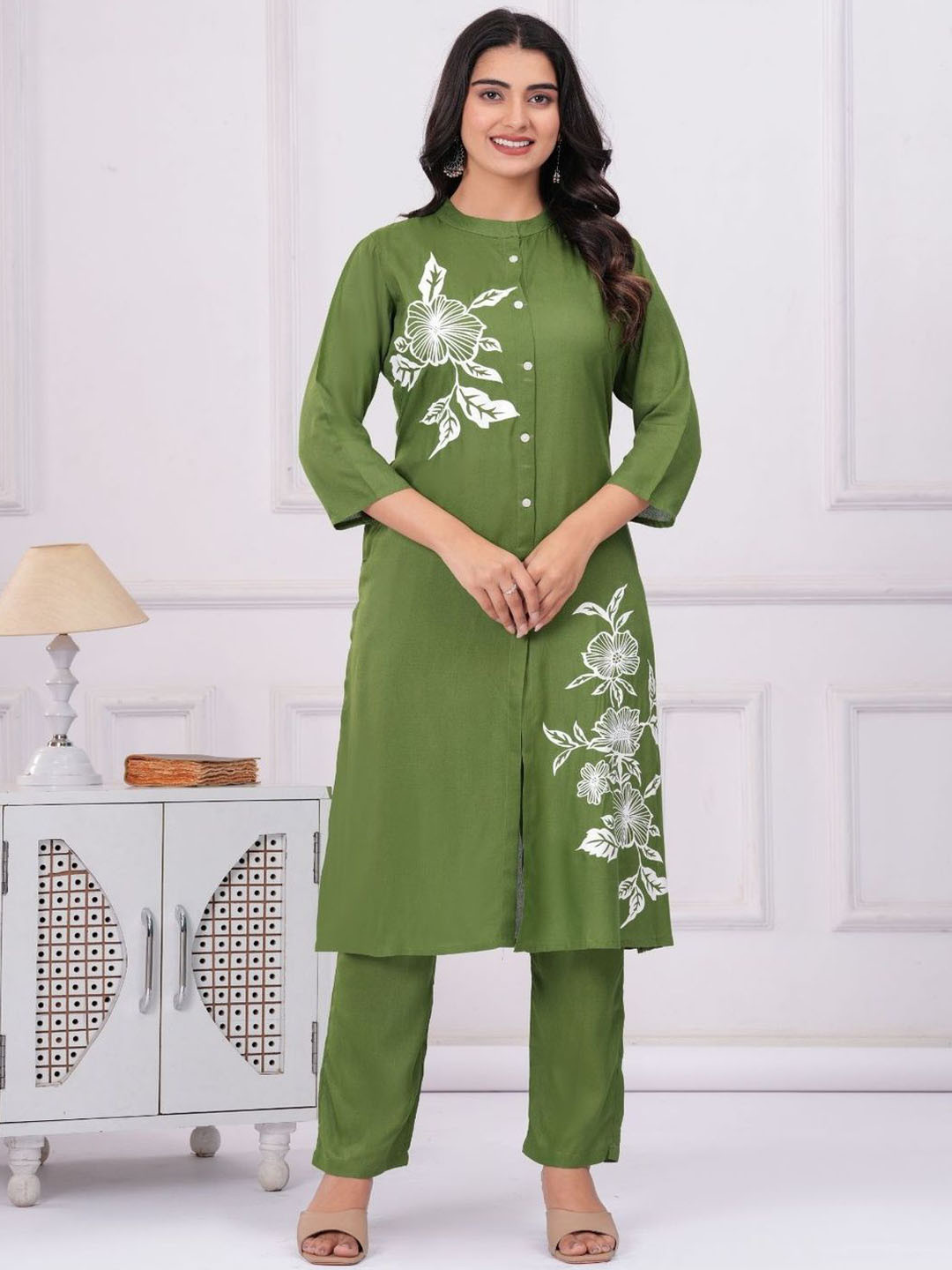 ZELA Floral Printed Mandarin Collar A-Line Kurta With Palazzos
