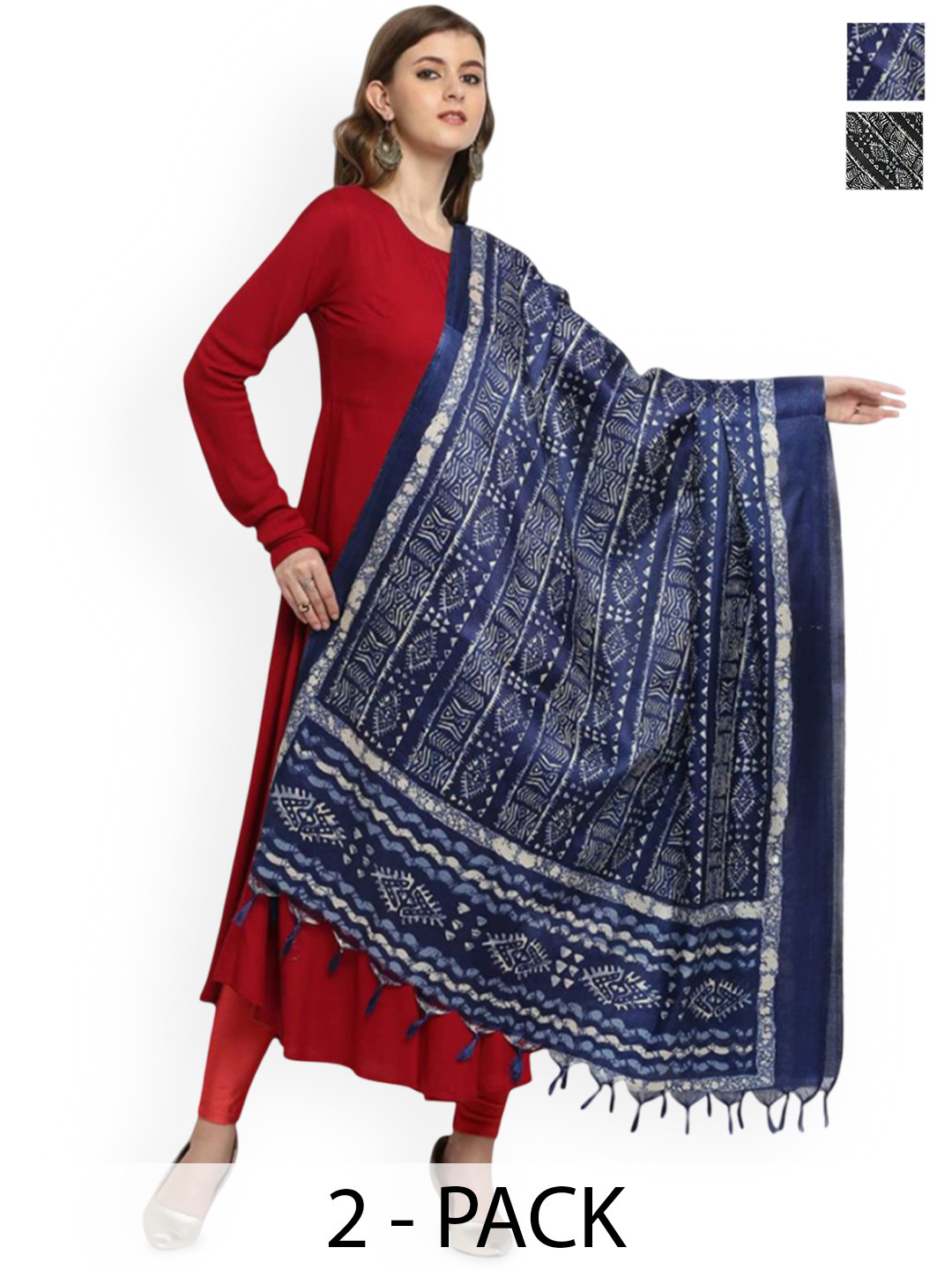 Kemza Selection Of 2 Bagru Printed Dupattas With Tassels