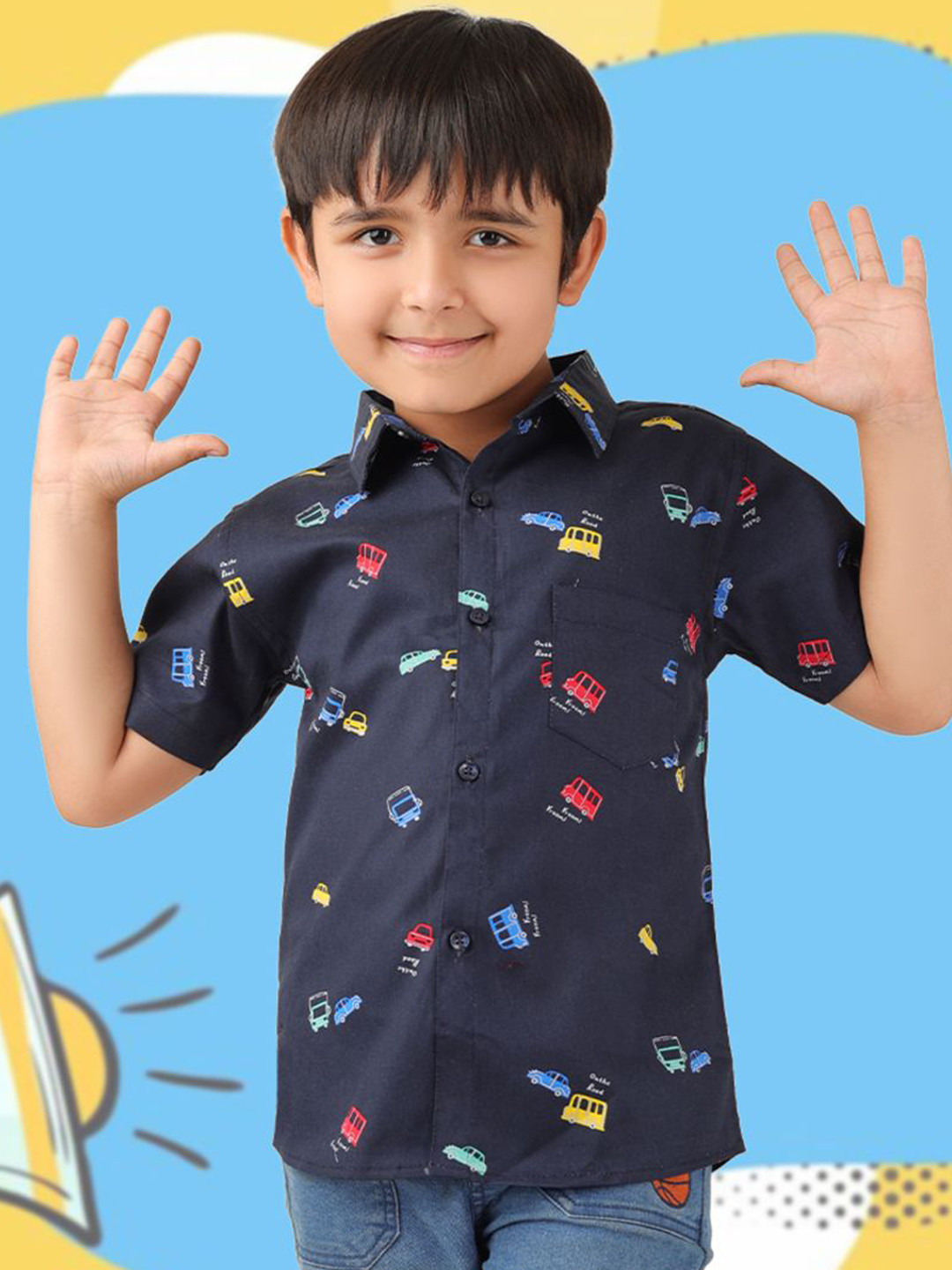 BABY CLOSET Boys Conversational Printed Spread Collar Cotton Casual Shirt