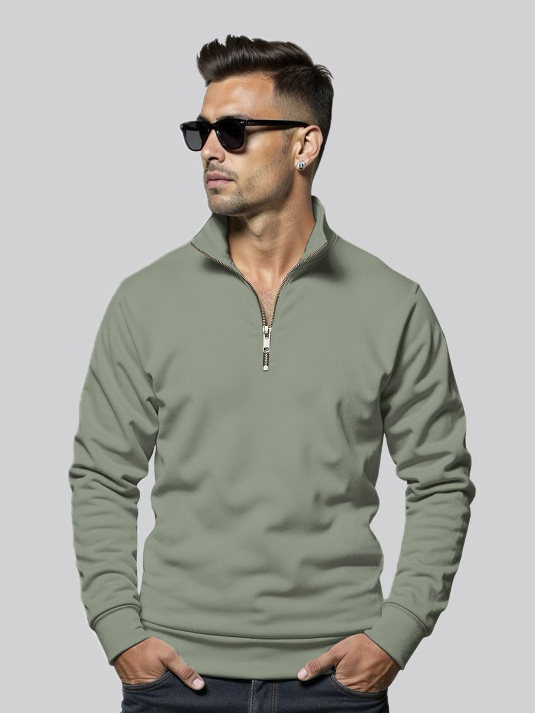 Fashion And Youth Men Sea Green Half Zipper High Neck Sweatshirt