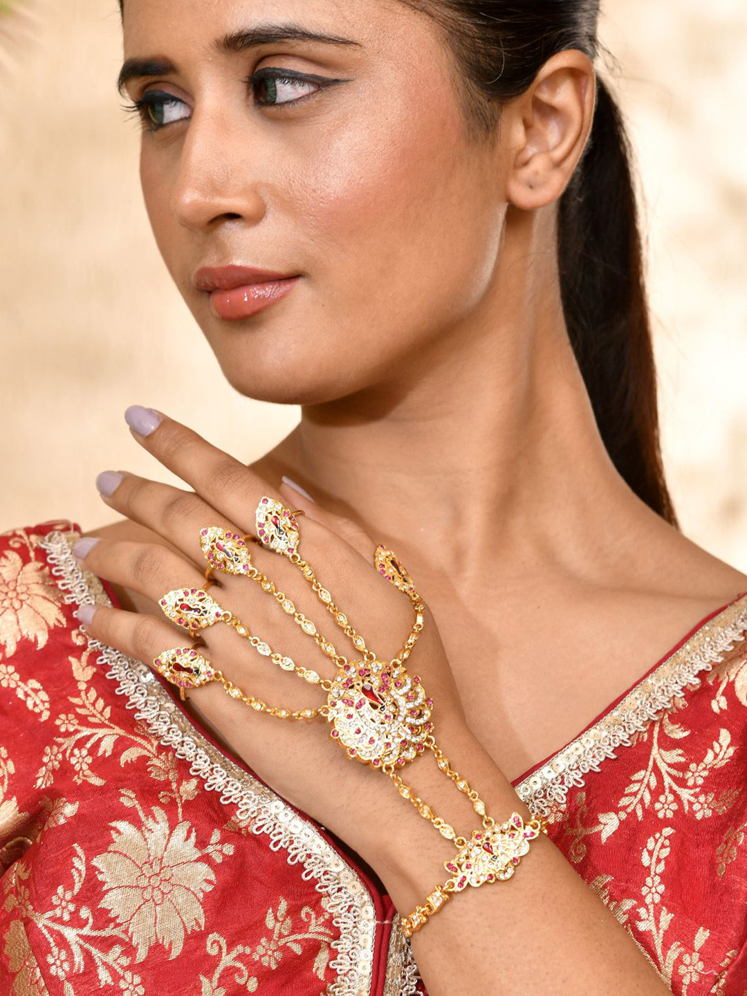 Silvermerc Designs Gold-Plated Kundan Studded Ring Bracelet
