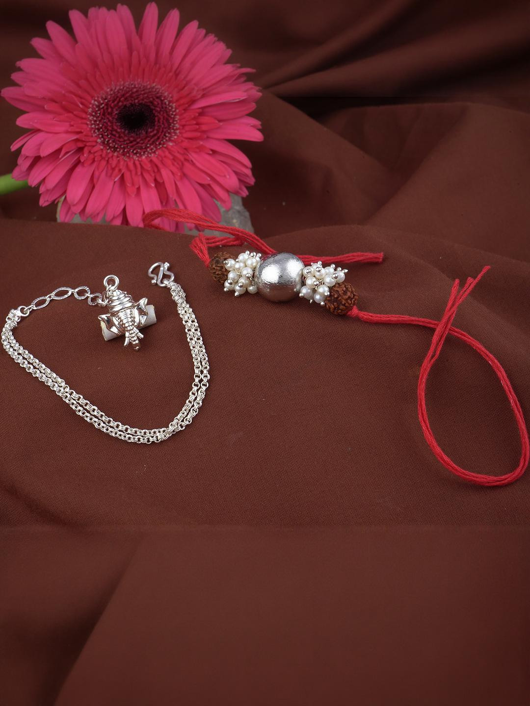 JFL - JEWELLERY FOR LESS Unisex Silver Bead with Rudraksh Rakhi and Ganesha Charm