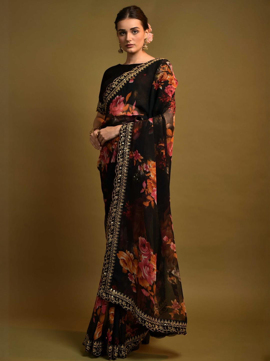 KALINI Georgette Flower Printed Saree With Unstitched Blouse Piece