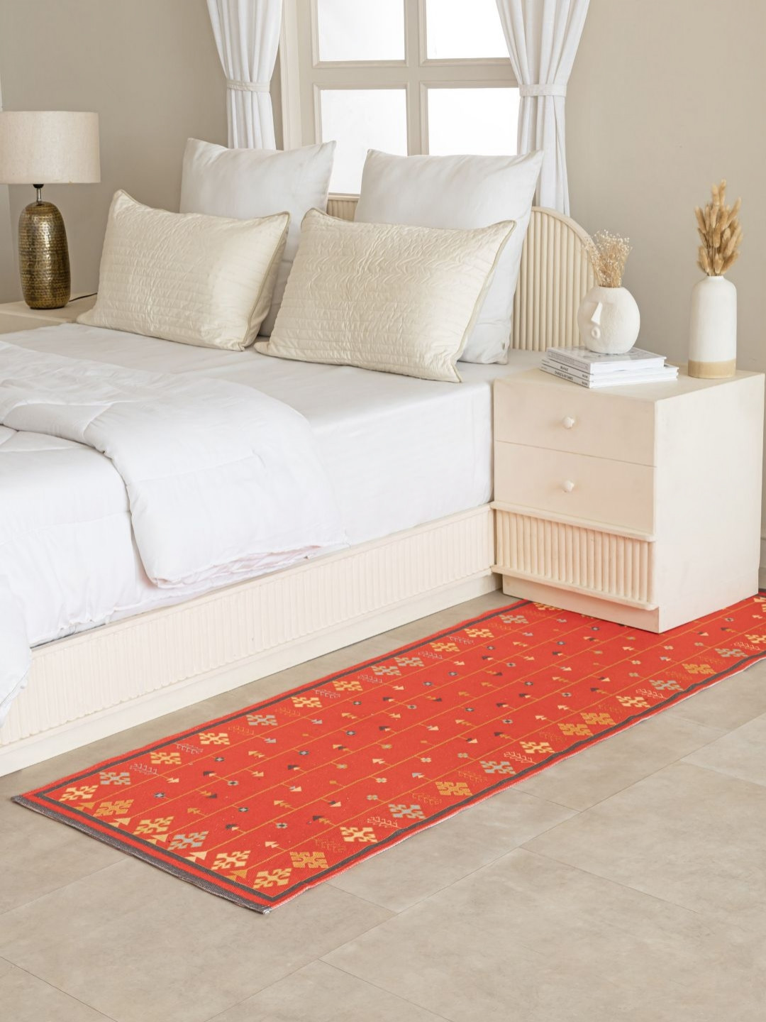 THEGASBH Maroon & Yellow Printed Anti Skid Bed Side Runner