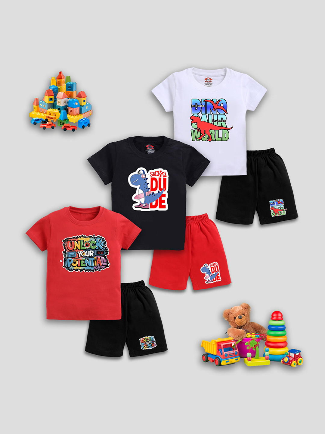 LITTLE FIGHTER Boys Set of 3 Printed T-shirt & Shorts