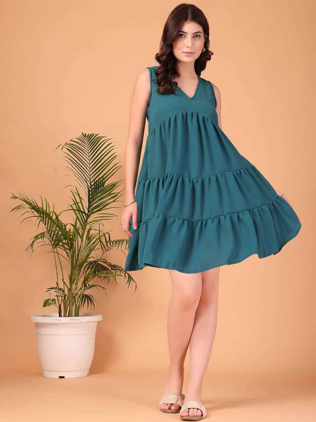CUKOO Women V-Neck Sleeveless Tiered A-Line Dress