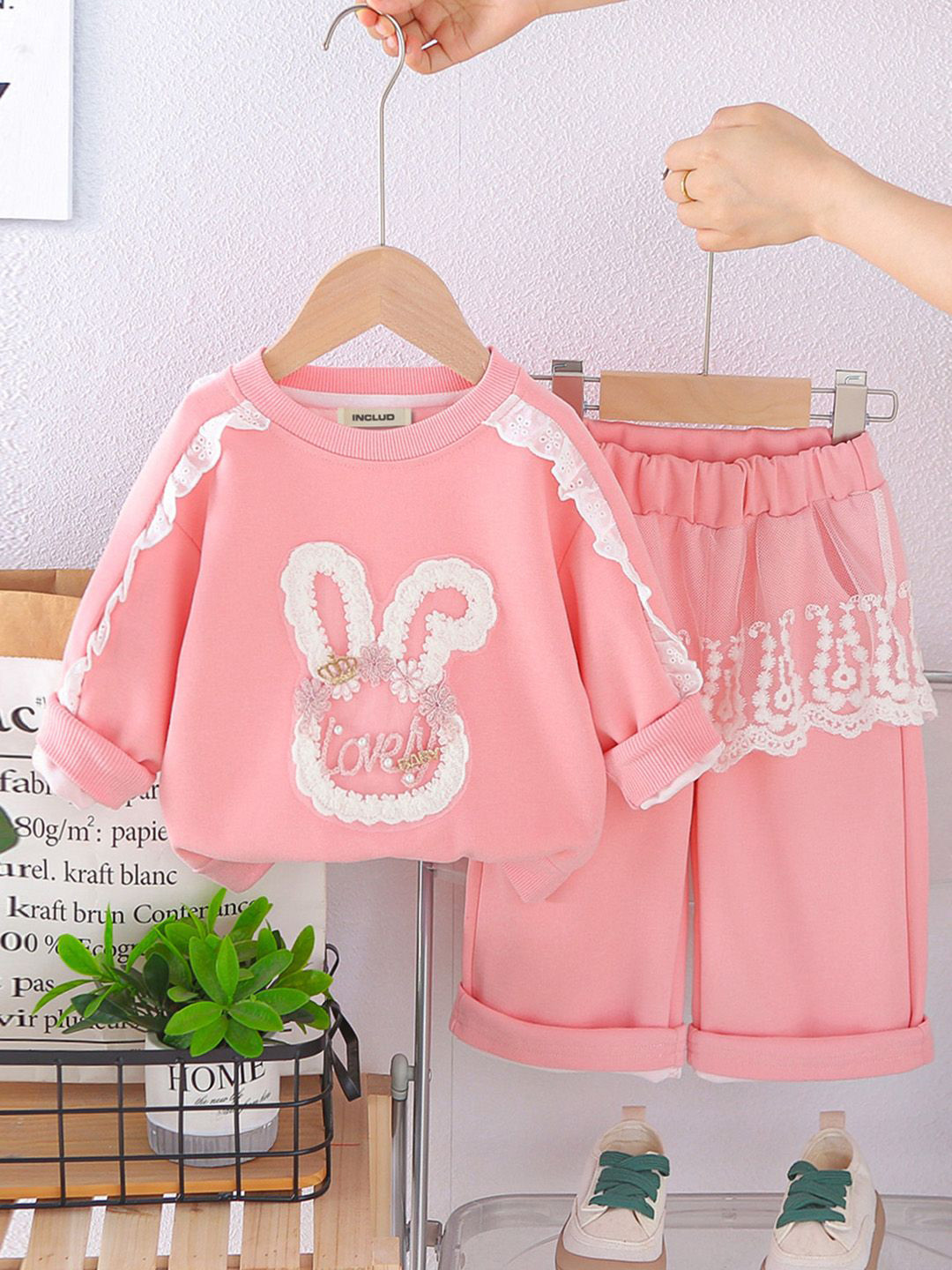 INCLUD Girls Graphic Self Design Sweatshirt With Trousers