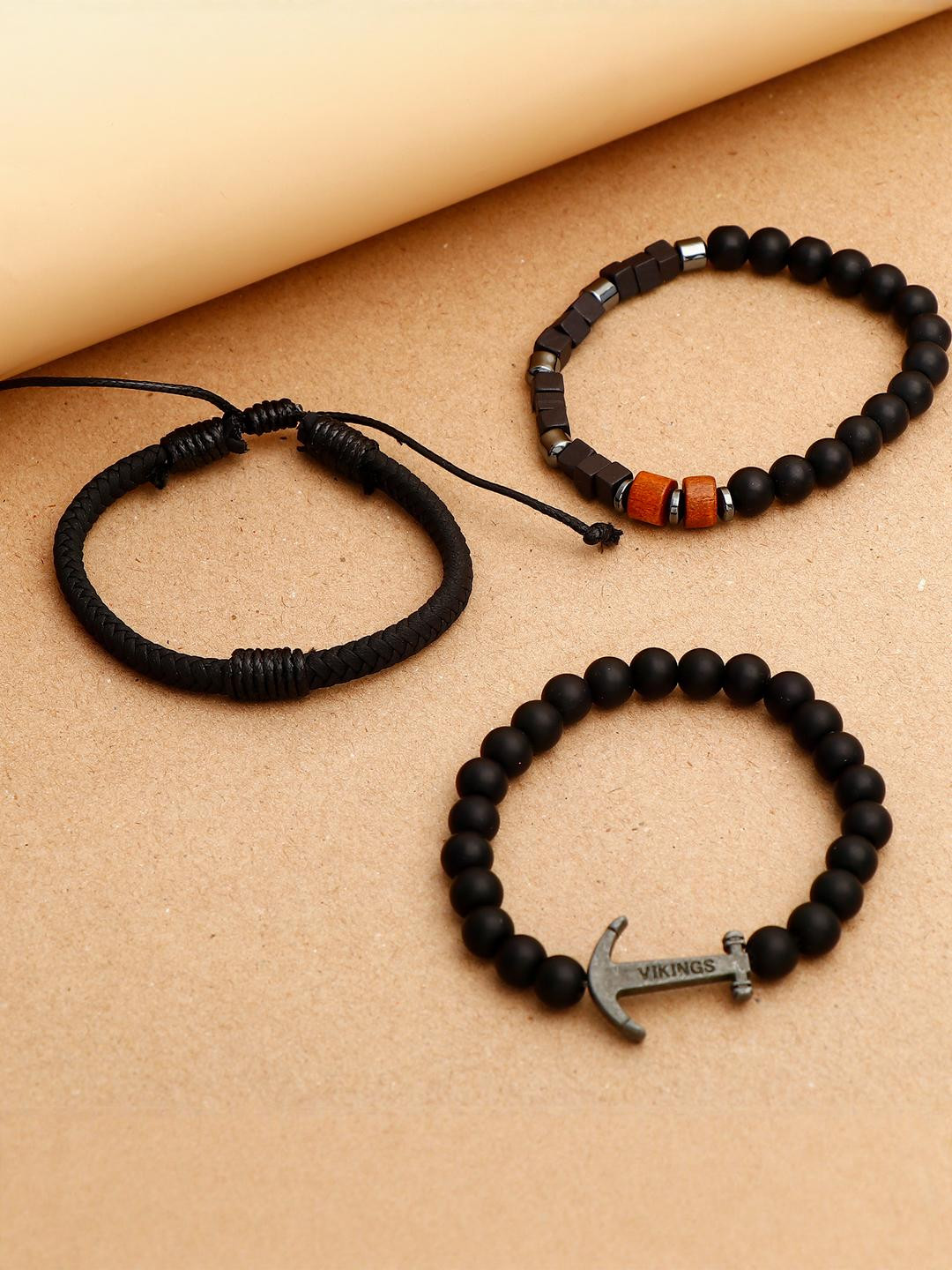 Archies Unisex Pack Of 3 Black & Brown Beaded Anchor Charm Elasticated Bracelets