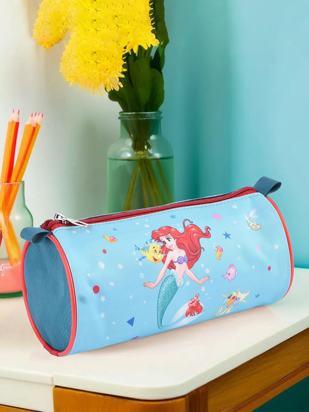 YK Set Of 2 Disney Mermaid Printed Multi-Purpose Round Pencil Pouch