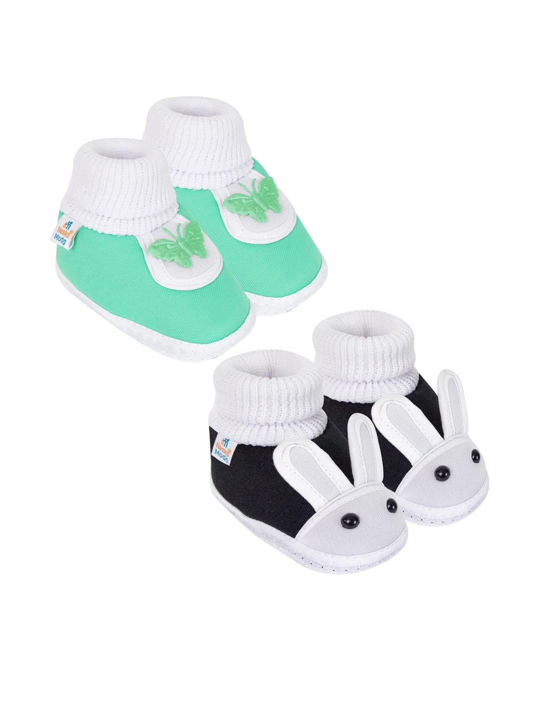 NESKA MODA Kids Set Of 2 Black & Lime Green Bunny & Butterfly Slip On Cotton Booties