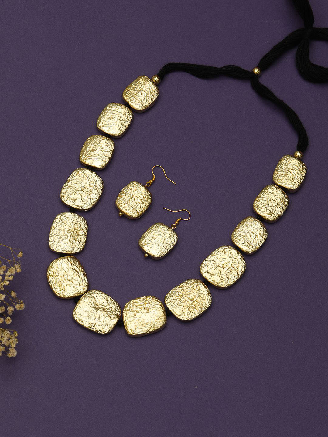 VIVAZS Gold-Plated Textured Oxidised Jewellery Set