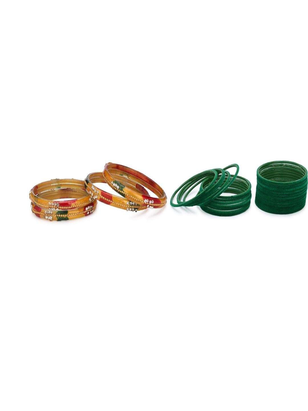 1ST TIME Combo of 2 Green & Yellow Stones Studded Bangles Set