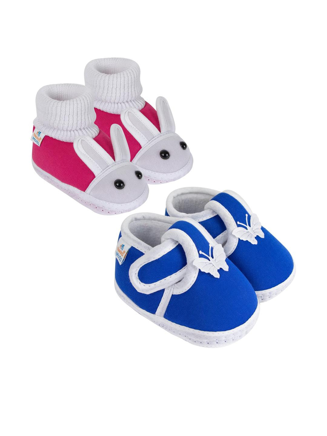 NESKA MODA Unisex Kids Pack of 2 Pink & Blue Cotton Rabbit Face Slip On Booties