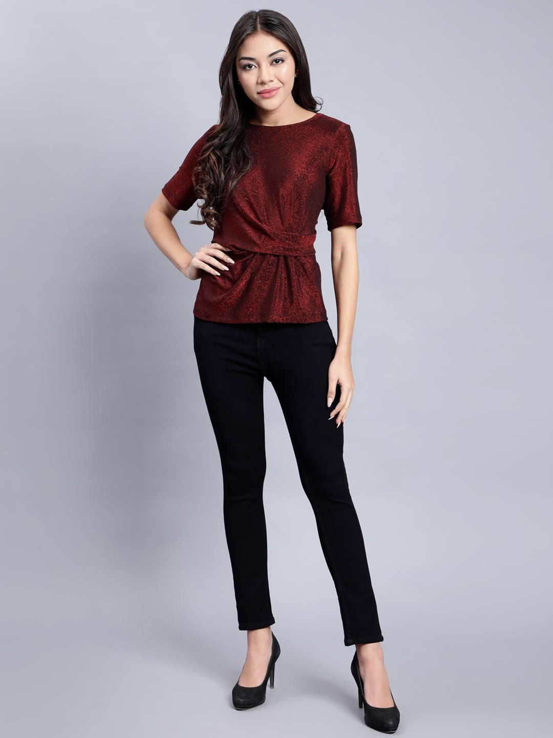 SAFFE Women Textured Shimmer Round Neck Twisted Regular Top