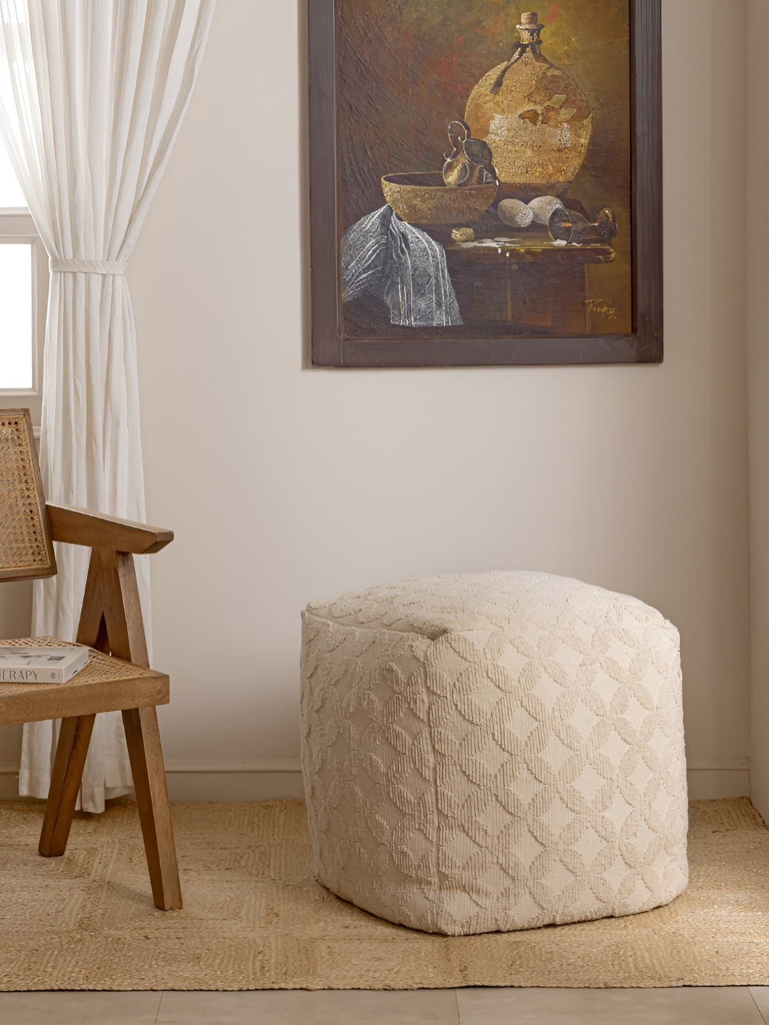 THEGASBH CANPY Off-White Square Shaped Textured Tufted Ottoman