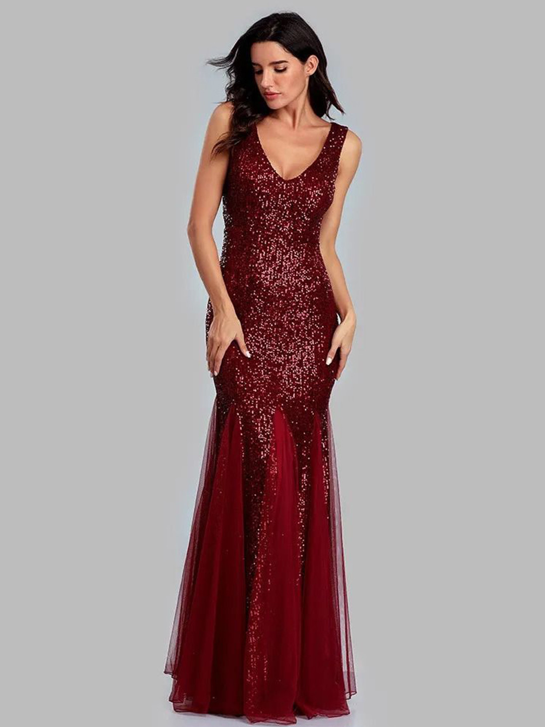 bebe Embellished Glamour Sequin & Tulle Mermaid Maxi Gown Dress