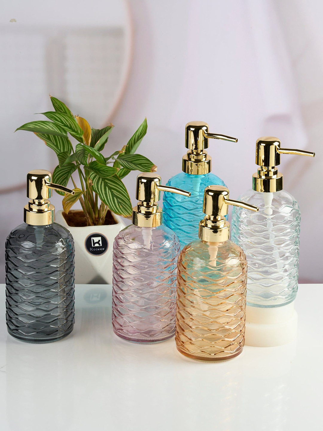 Kookee Blue & Pink 5 Pieces Glass Handwash Soap Dispensers 400 ml