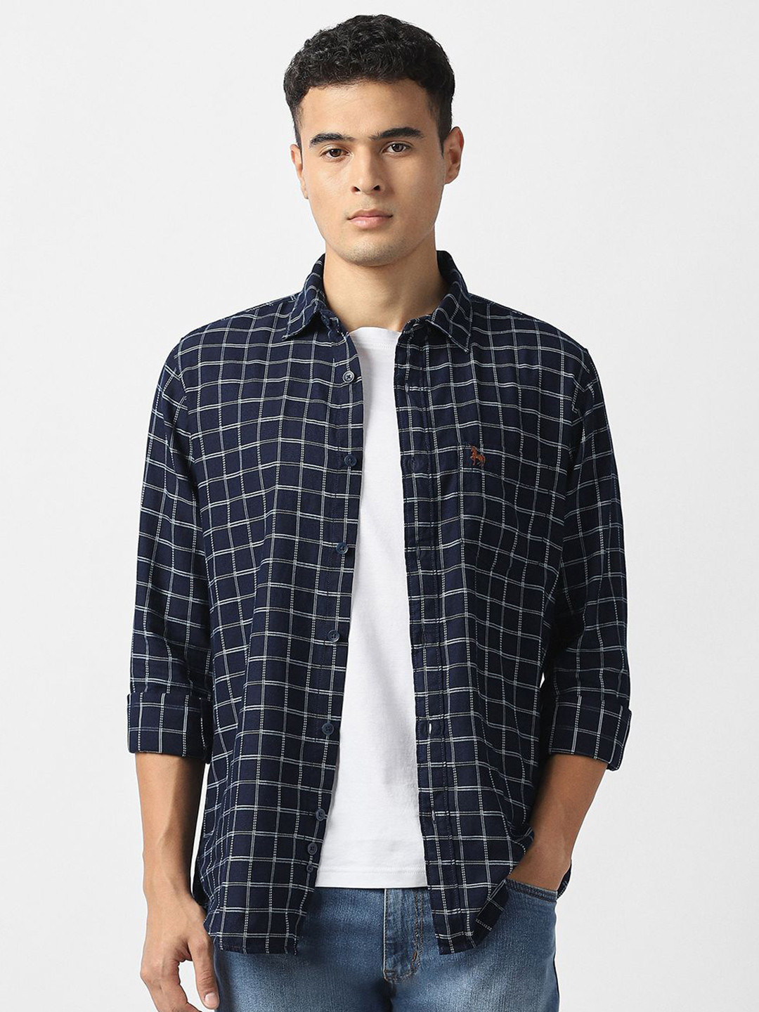 VAN HEUSEN DENIM LABS Men Slim Fit Grid Tattersall Checked Cotton Casual Shirt