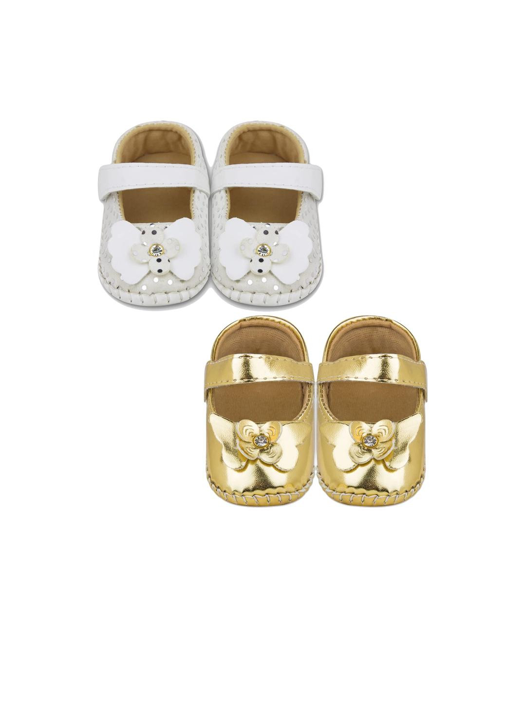 NESKA MODA Girls 2 Pair White & Gold Floral Velcro Sandal Booties