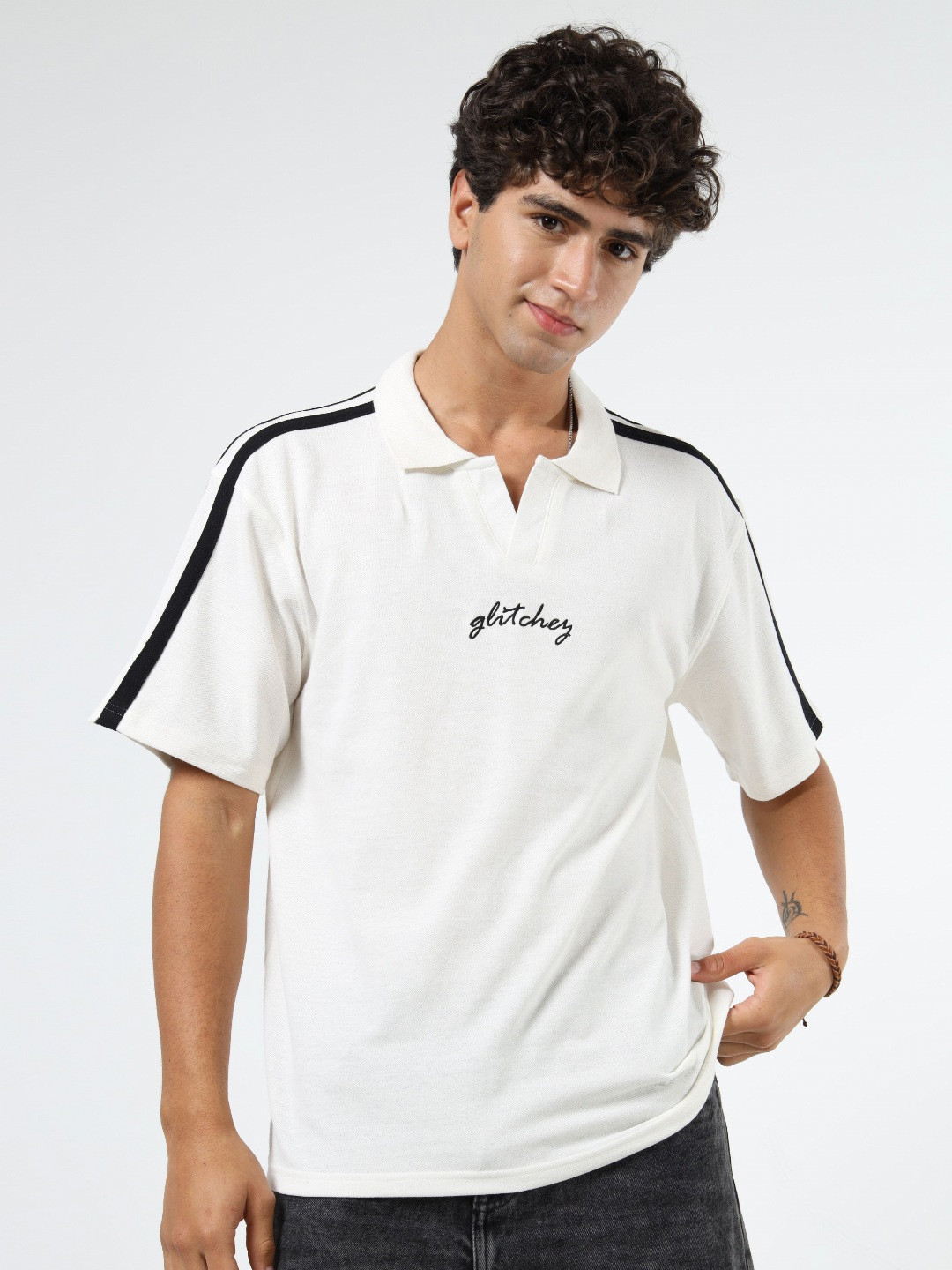 glitchez Typography Printed Polo Collar Oversized T-shirt