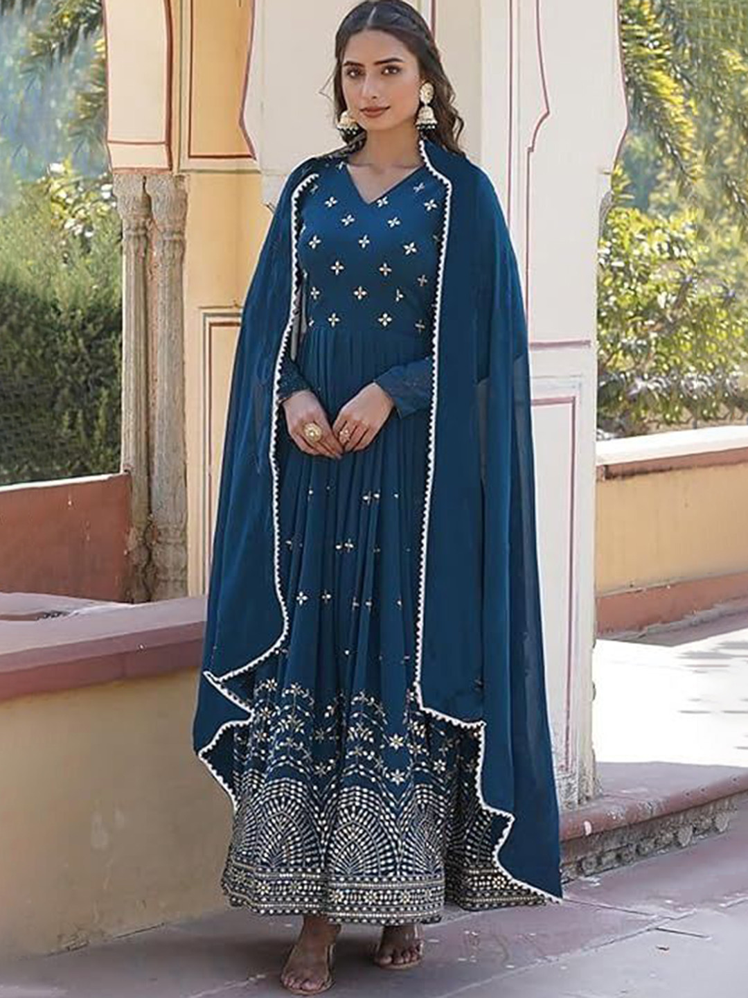 ANVERI TEXTILES Floral Embroidered V-Neck Mirror Work Georgette Kurta Trousers & Dupatta