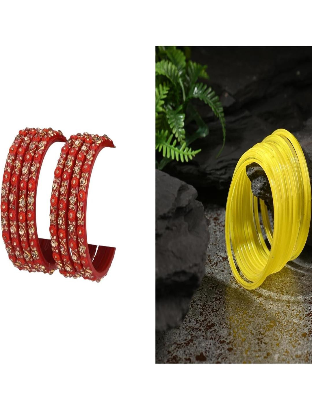 1ST TIME Combo of 2 Gold & Red Stones Studded Bangles Set