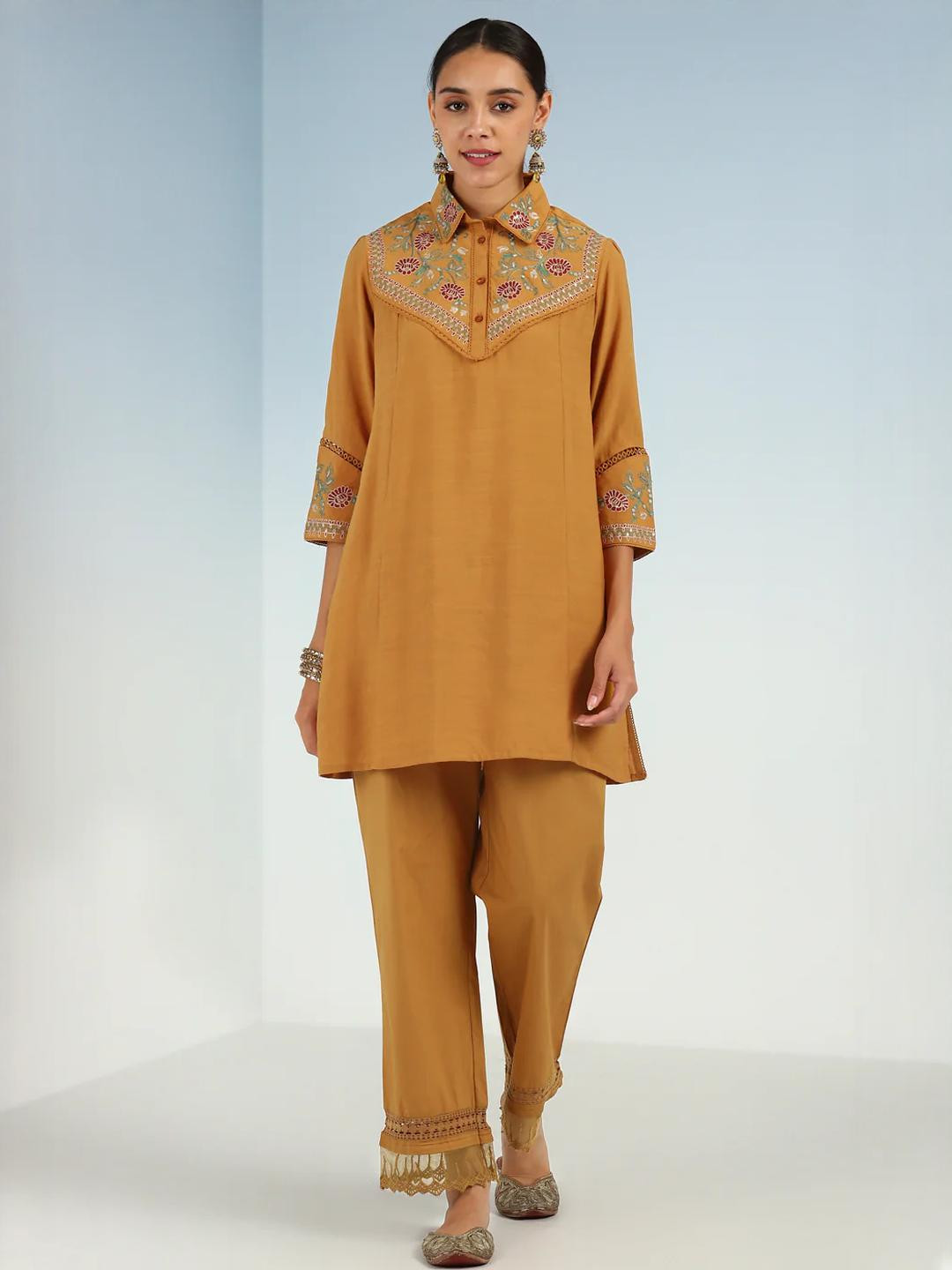 Lakshita Mustard Embroidered Tunic for Women with Classic Collar