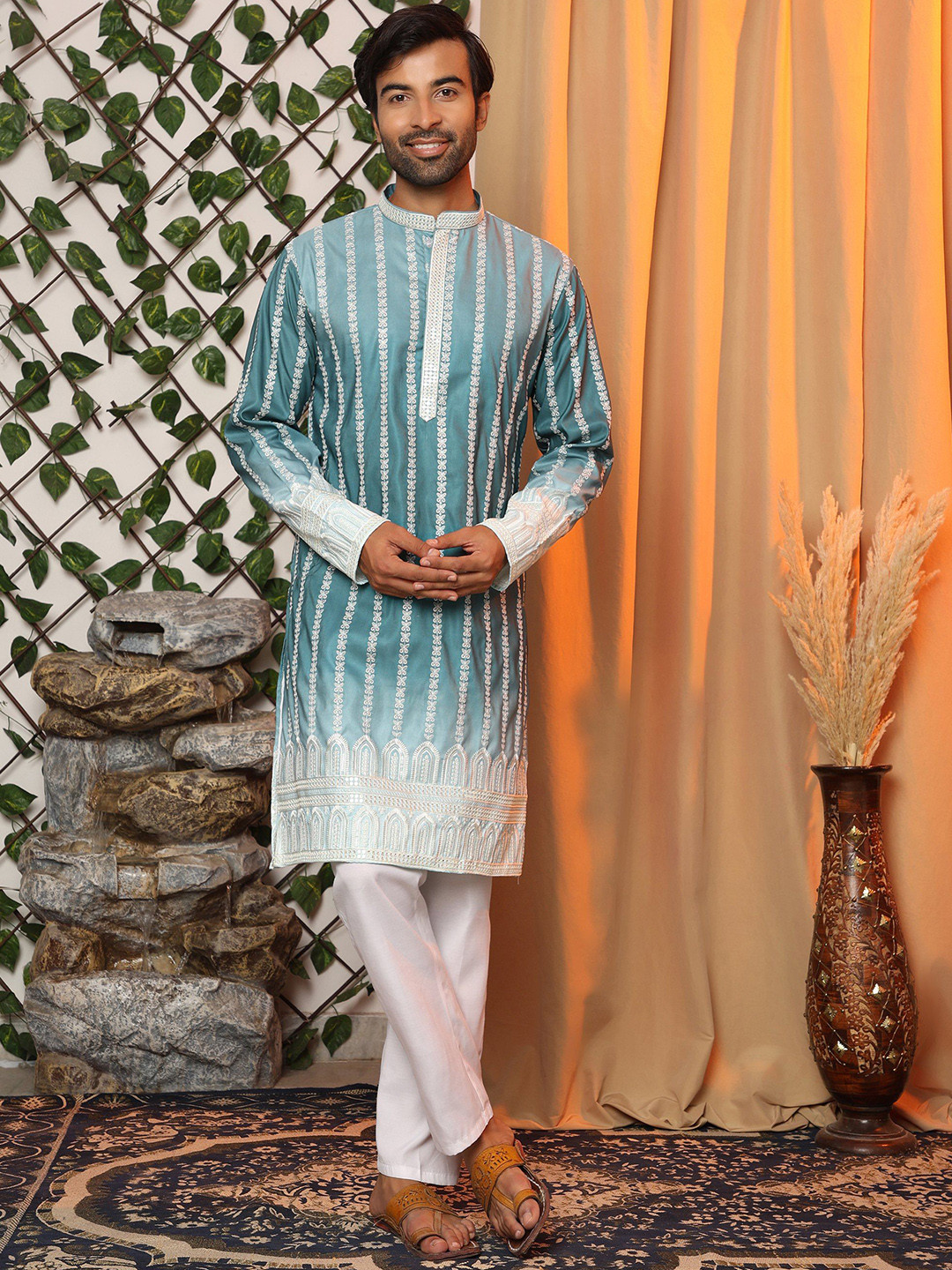 Pro-Ethic STYLE DEVELOPER Striped Embroidered Thread Work Pure Cotton Kurta With Pant set