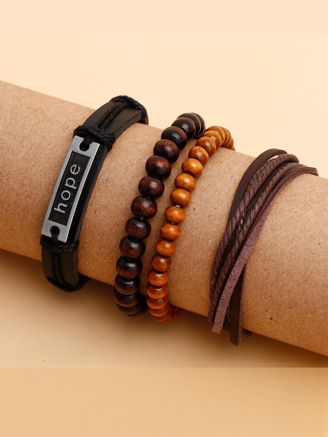 Archies Pack Of 4 Hope Quoted Beaded Multilayer Leather Bracelet