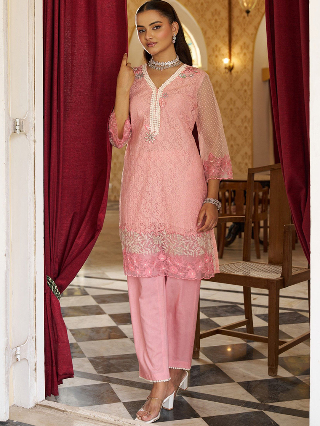 AUTUMN LANE Anumeha Salmon Floral Self Design V-Neck Pure Cotton Kurta With Trousers