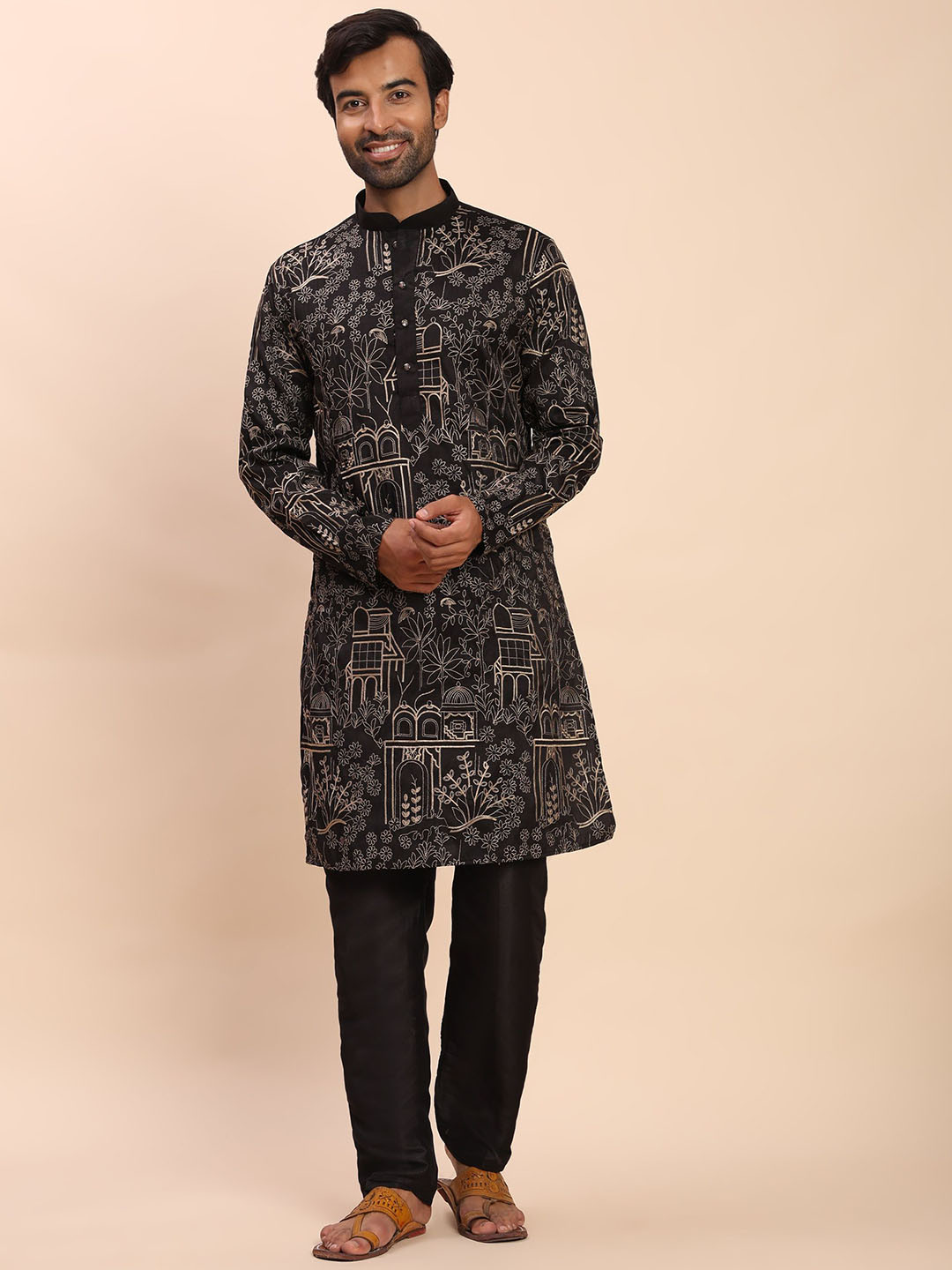 Pro-Ethic STYLE DEVELOPER Men Floral Embroidered Panelled Pure Cotton Kurta with Trousers