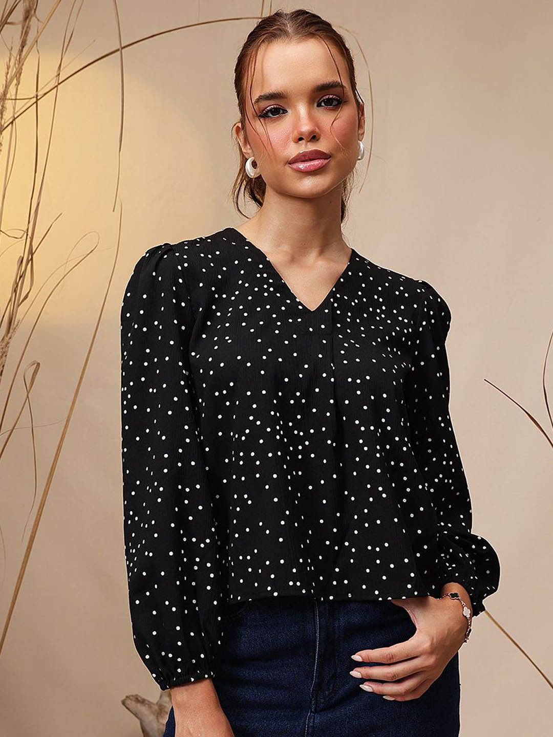 STREET 9 Polka Dot Print Puff Sleeves Cotton Top