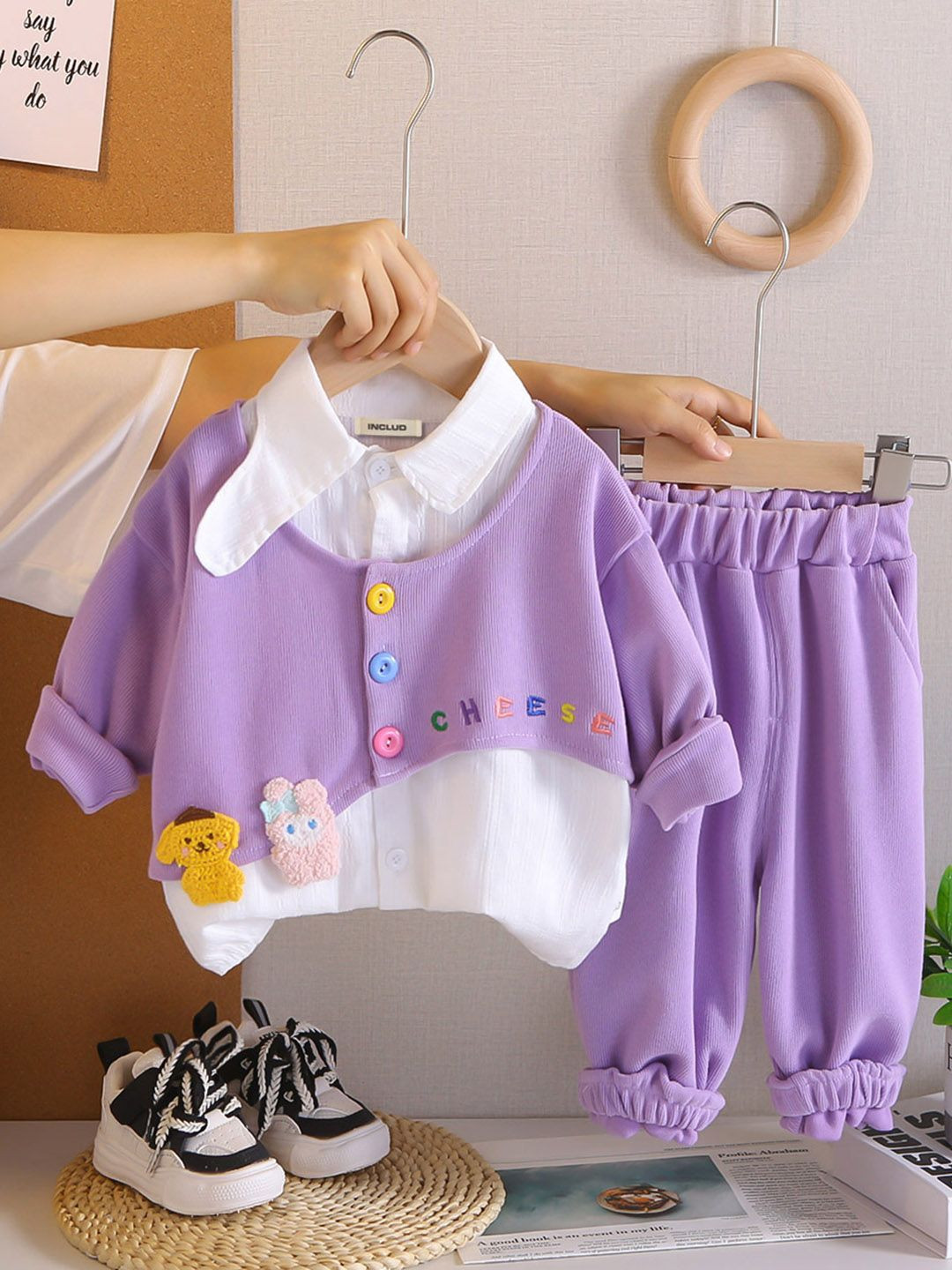 INCLUD Girls Embroidered Shirt Collar T-shirt and Shirt Joggers