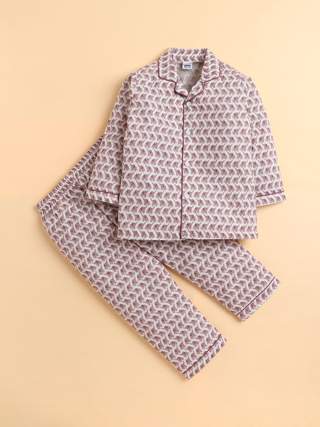 Polka Tots Kids Cotton Woven Full Sleeve Elephant Print Night suit
