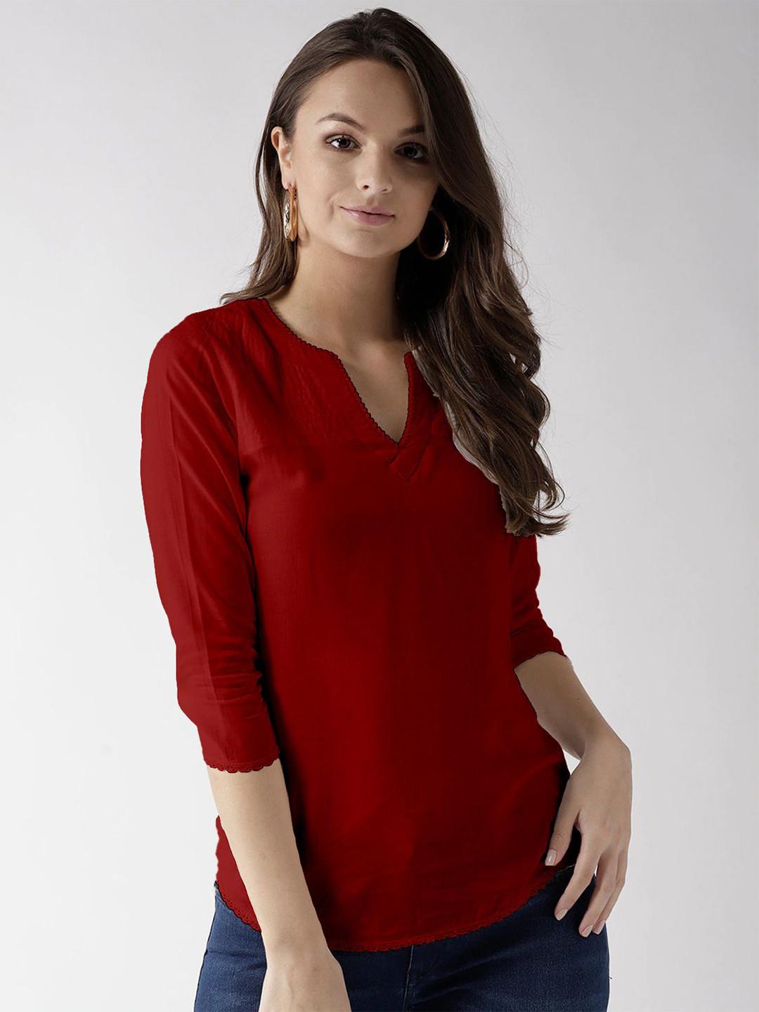 ZARISTAA Women V-Neck Fitted Top With Lace Inserts