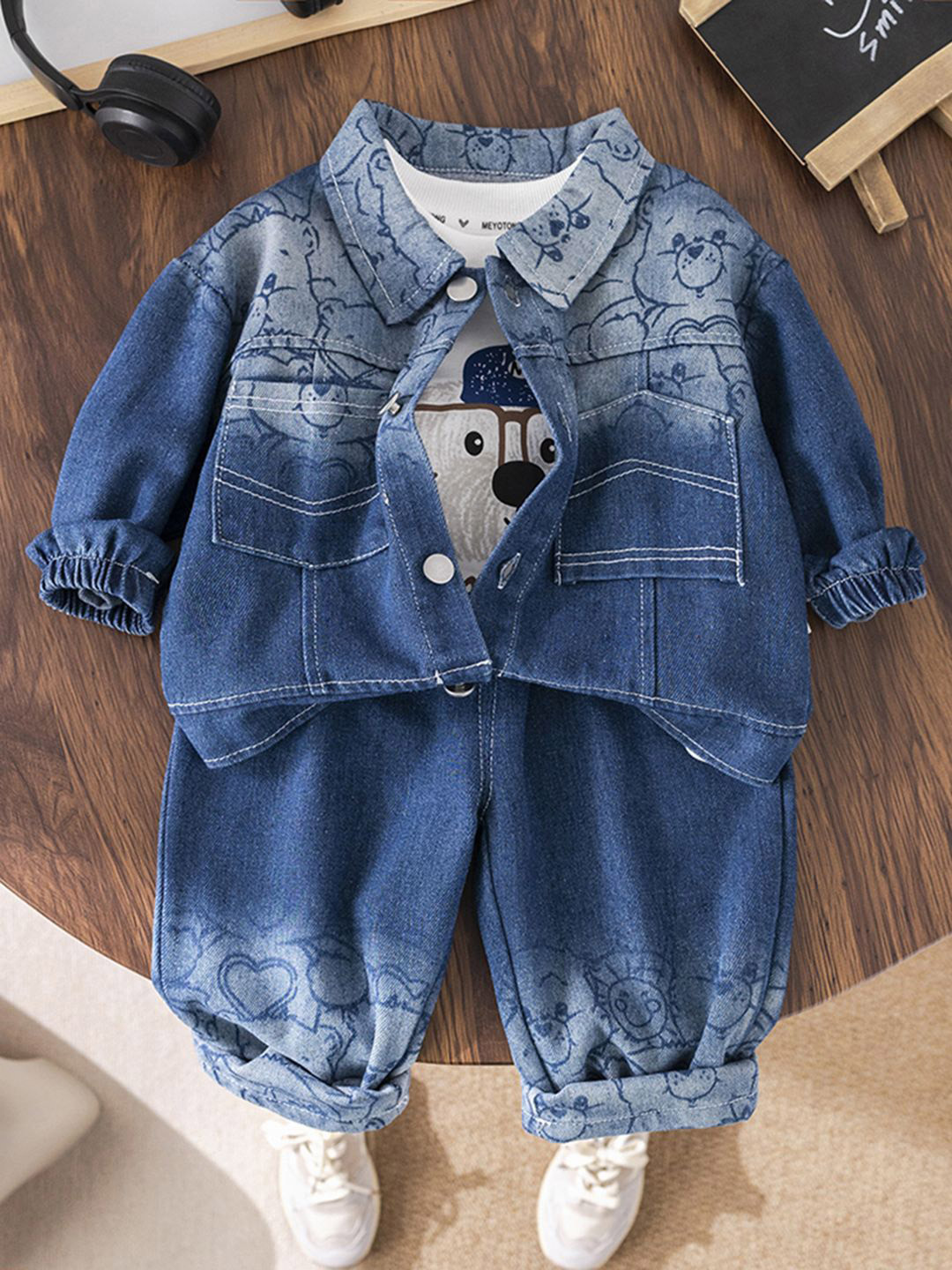 INCLUD Boys Cotton Puppy Printed Denim Jacket With T-Shirt & Pants Set