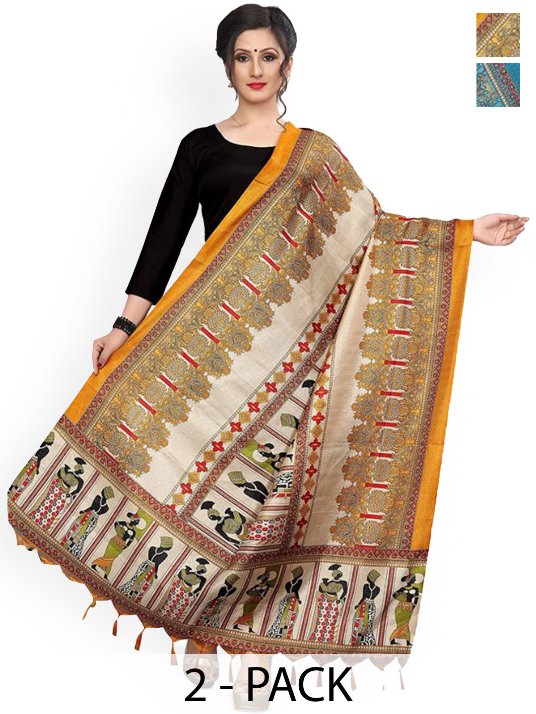 Kemza Madhubani Selection Of 2 Ethnic Motifs Printed Cotton Silk Dupattas