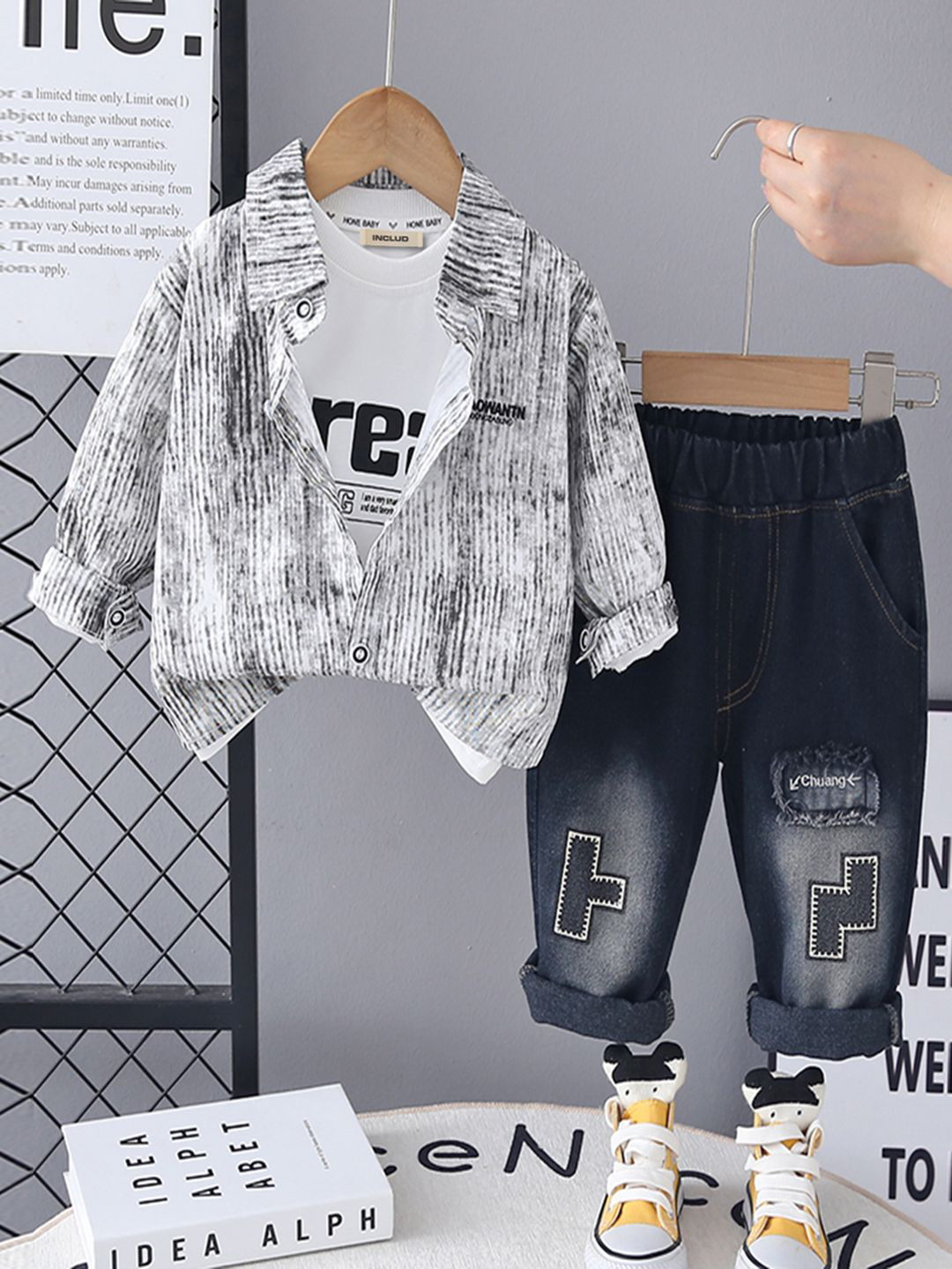 INCLUD Boys Abstract Printed Shirt With Printed T-Shirt & Denim Trousers