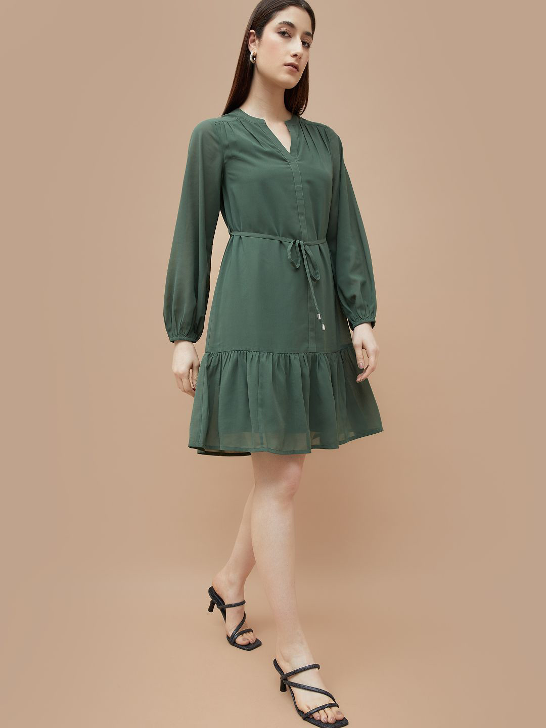 CODE by Lifestyle Women Mandarin Collar Puff Sleeve Tiered A-Line Dress