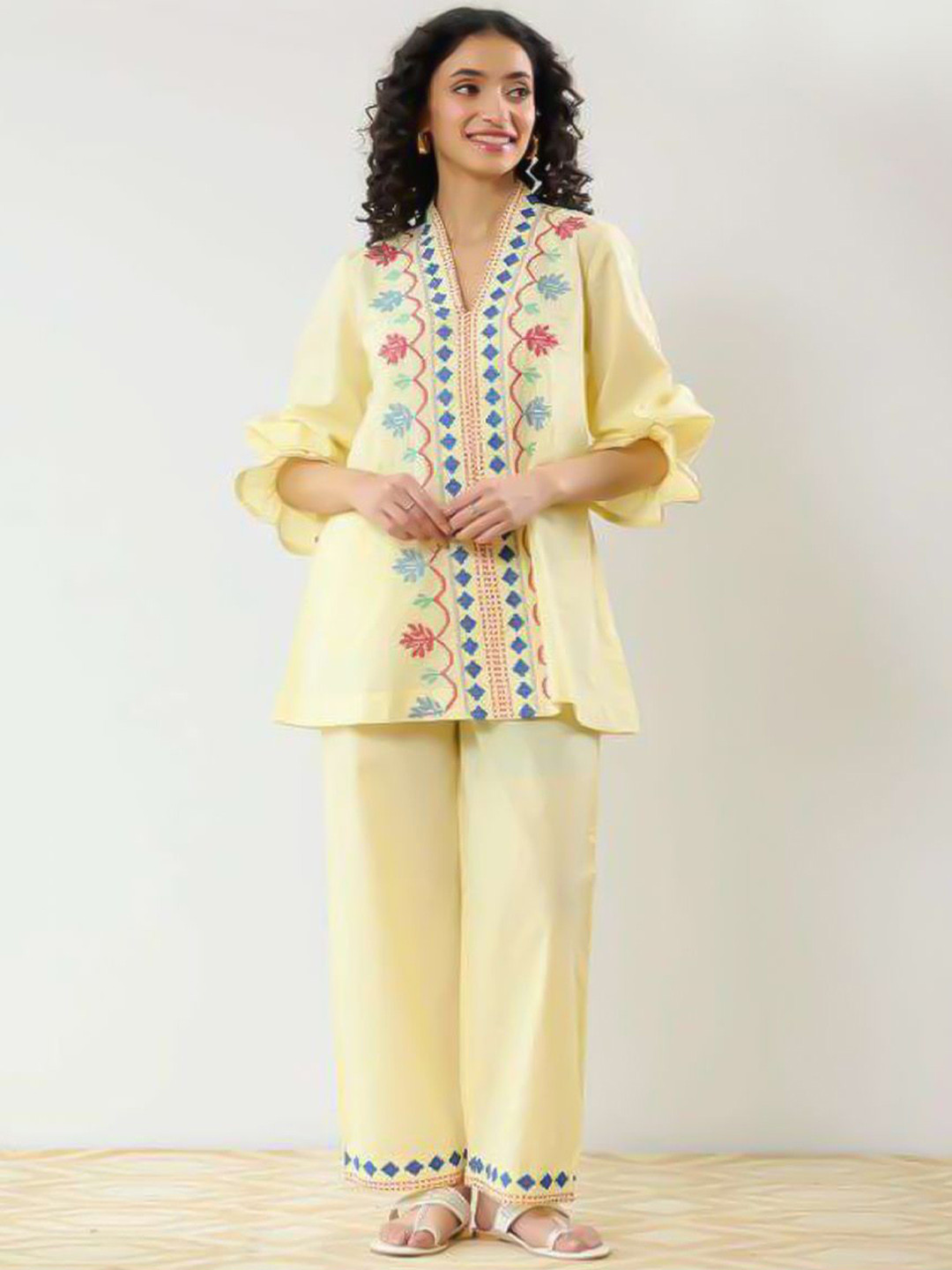 M MARCHLABEL Embroidered V-Neck Tunic With Trousers Co-Ords