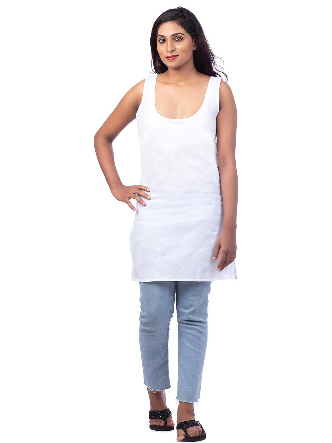 Happy Bunny Women Set Of 2 White Cotton Thigh Length Inner Slip Camisoles