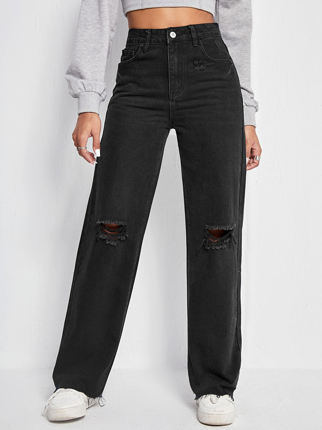 NUCOUTHS Women Super Regular Fit High-Rise Slash Knee Heavy Fade  Jeans