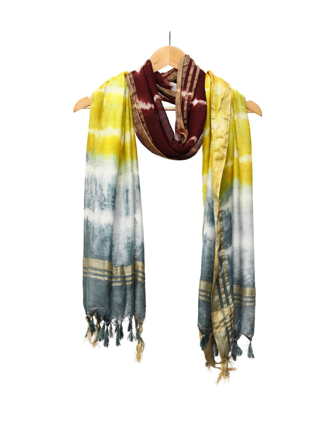 Tisser Women Grey & Yellow & Maroon Tie and Dye Dupatta