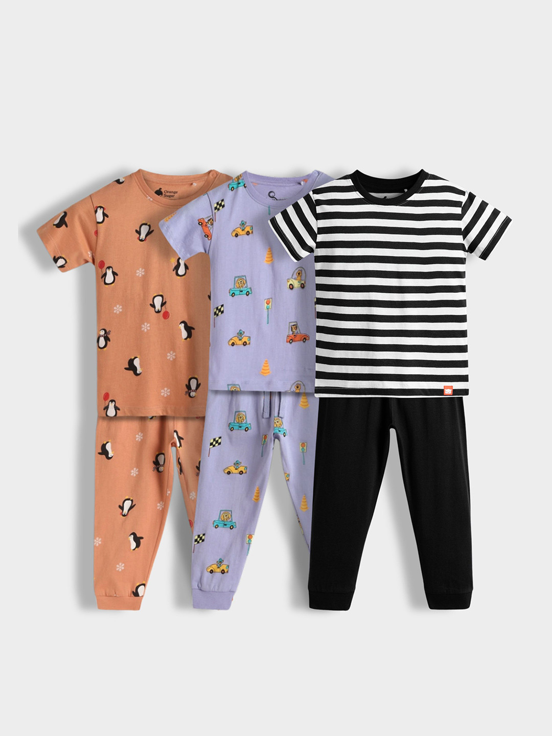 Orange Sugar Kids Pack Of 3 Printed Short Sleeves Pure Cotton T-shirts With Joggers
