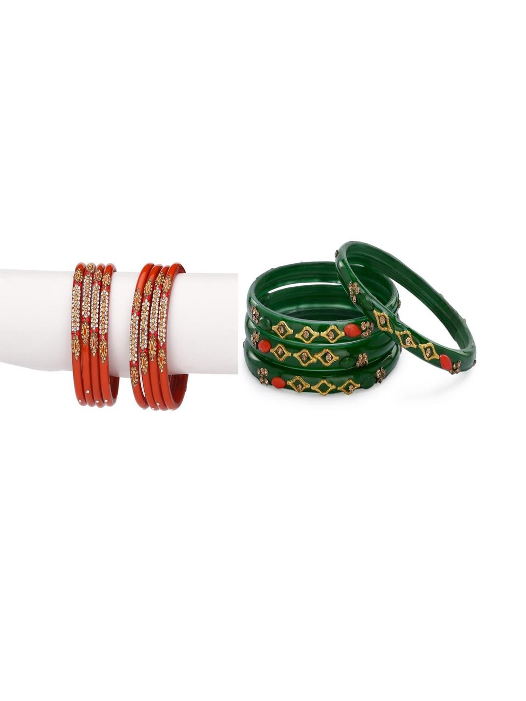 1ST TIME Set Of 2 Red & Green Stone-Studded Bangles