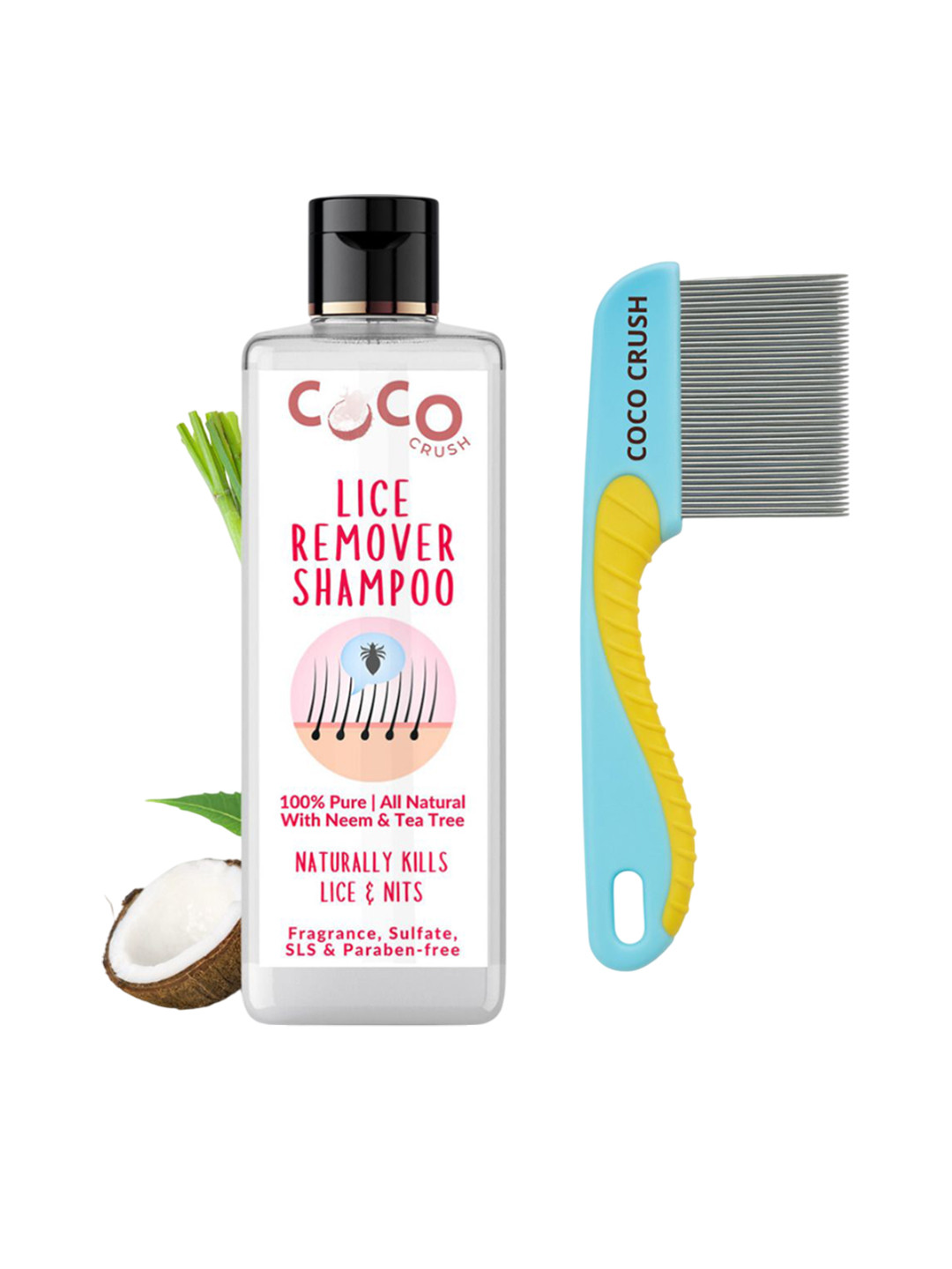Coco Crush Set Of 2 Lice Treatment Shampoo- 200 ml With Handle Comb