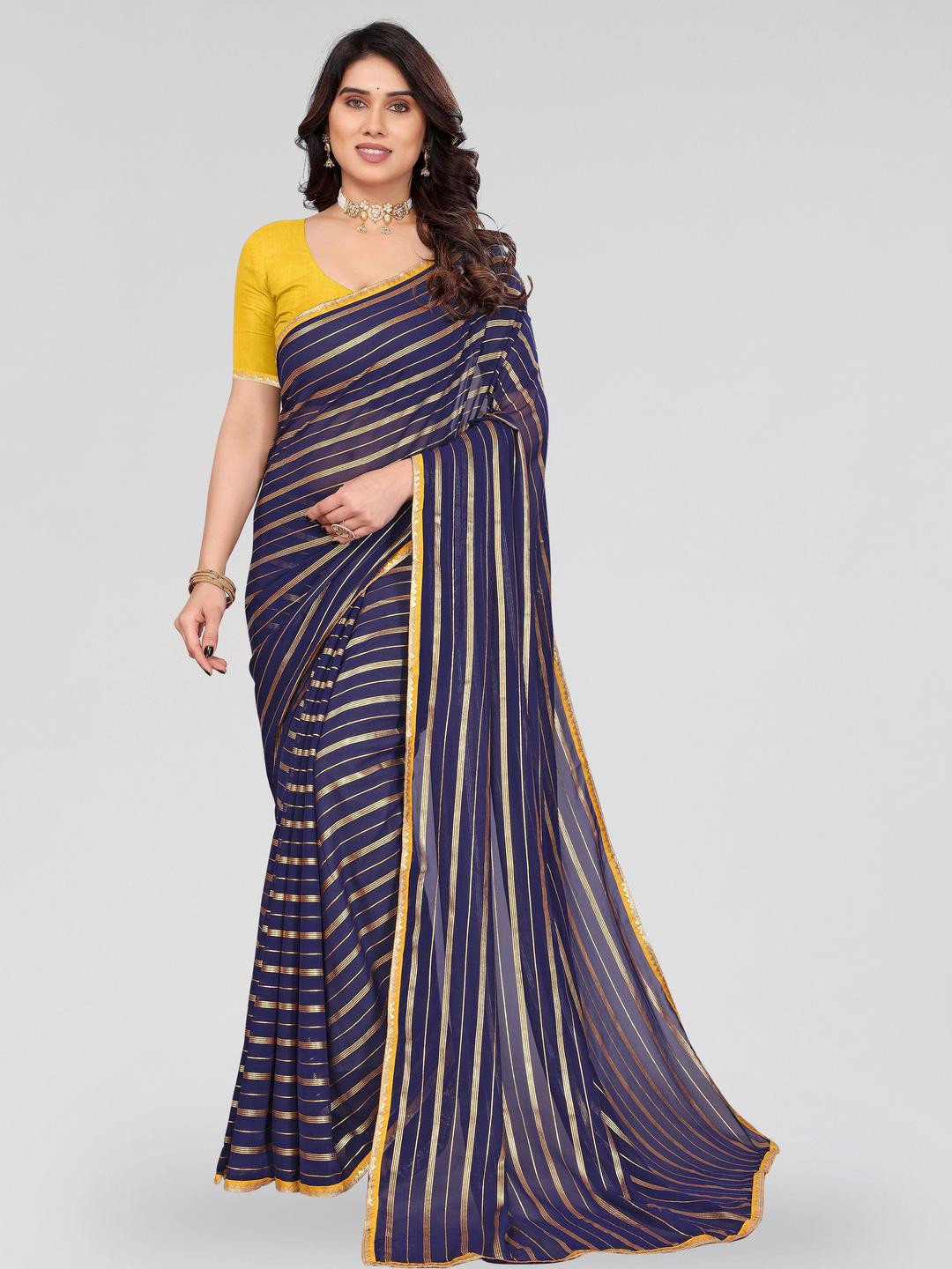 REDFISH Striped Woven Design Saree With Blouse Piece